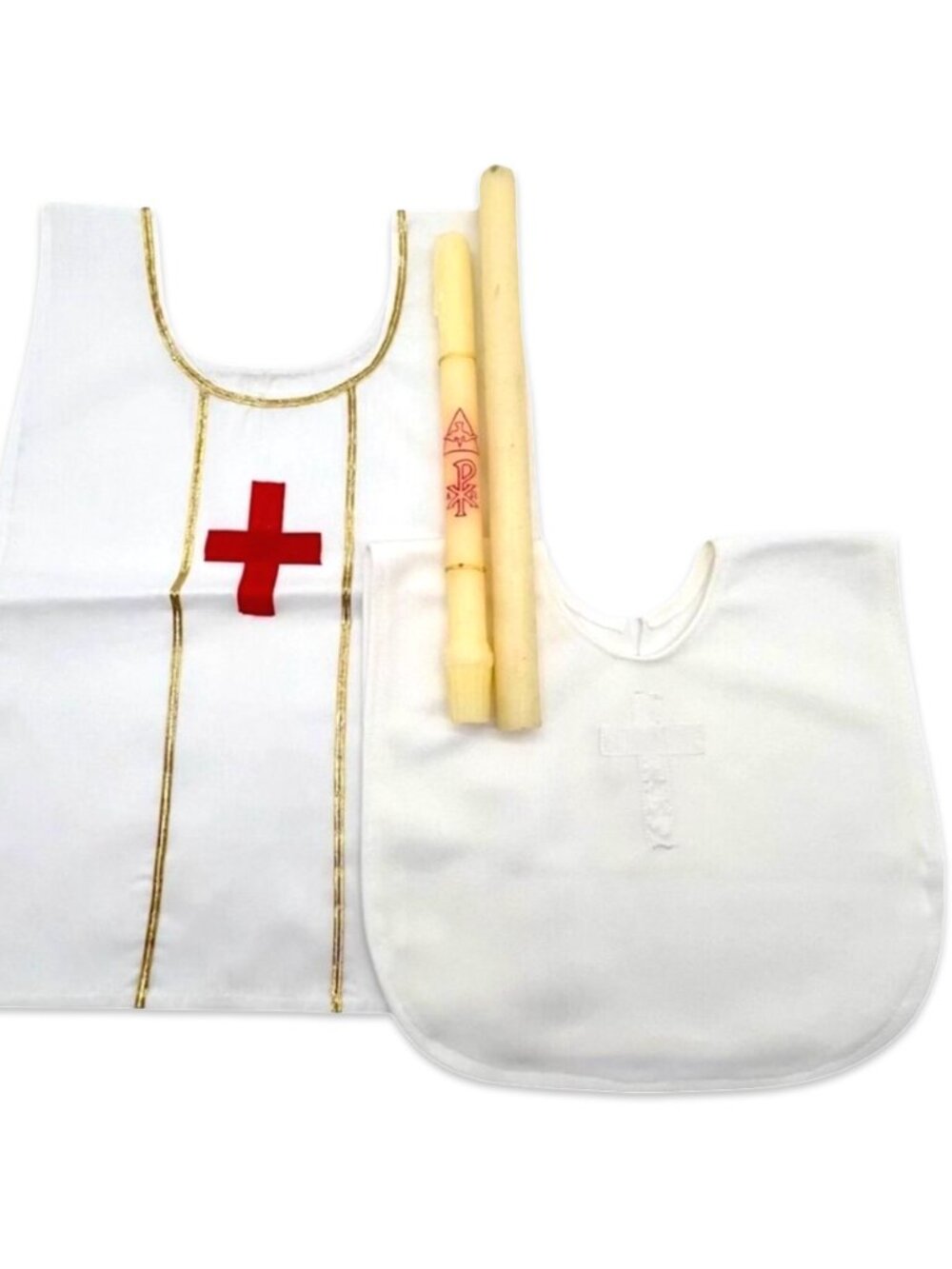 Vintage Catholic Baptism Christening Set Ceremonial Candles Bibs 4 Pc